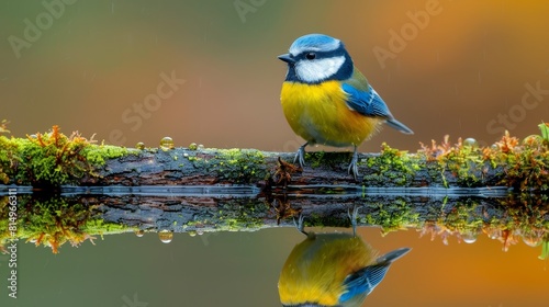  A blue-and-yellow bird perches on a tree branch overhanging a tranquil body of water Moss covers the water's edge photo