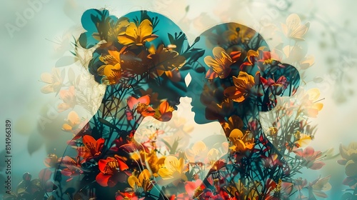 Sketch Style Family Portrait Entwined with Vibrant Floral Double Exposure
