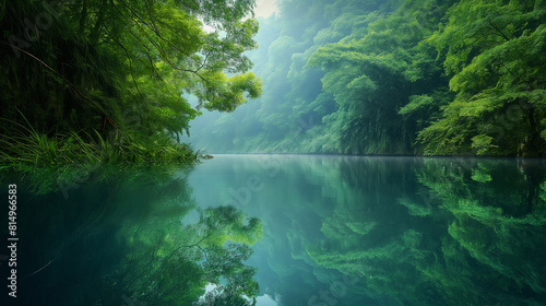 A serene image of a tranquil lake surrounded by verdant foliage  exemplifying the equilibrium of water levels in natural reservoirs. Dynamic and dramatic composition  with copy spa