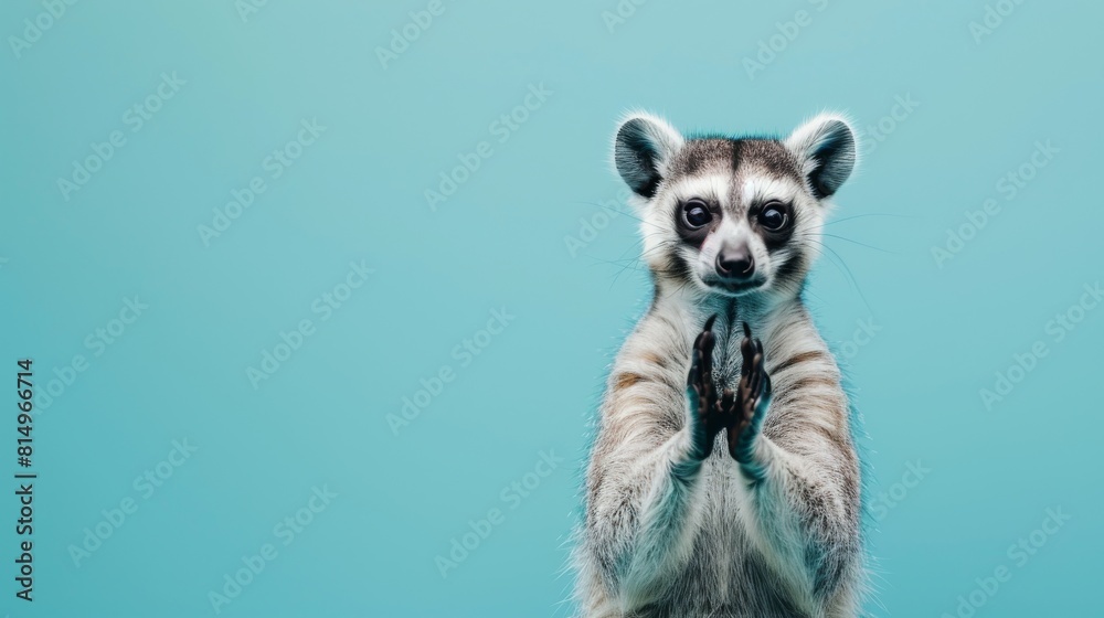 Fototapeta premium Adorable Meerkat with Hands Together in a Plea, Set Against a Tranquil Teal Blue Background, Inspiring Compassion. Funny animal for banner, flyer, poster, card with copy space