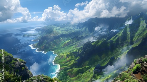 Captivating Panoramic View of Lush Tropical Mountainous Coastline with Dramatic Cliffs and Clouds