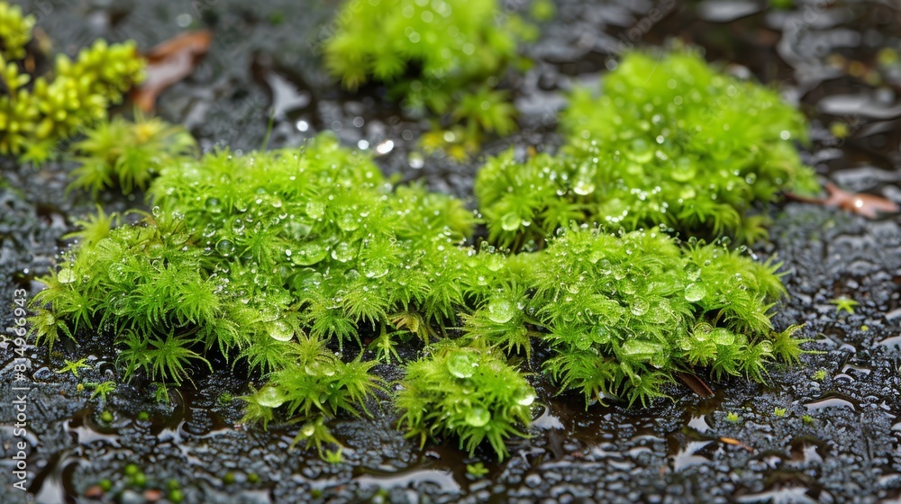 A tight shot of moss-covered ground dotted with water drops on the blades of grass and leaves beneath A tight shot of moss-covered ground dotted with water drops on the blades of grass and leaves beneath