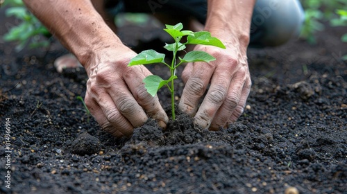 Environmental conservation theme with hands planting a young tree in fertile soil, emphasizing sustainability and care photo