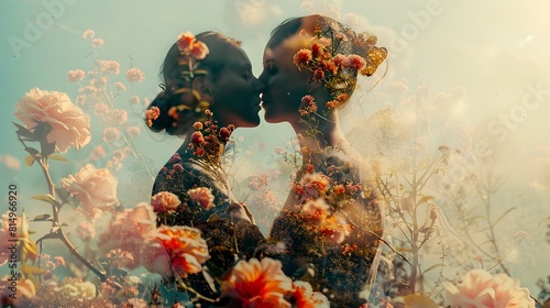 Double Exposure Embrace of Blooming Flowers Symbolizing Love and Growth