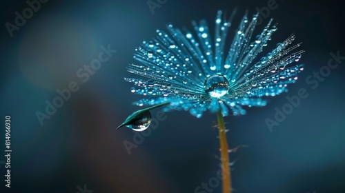  A tight shot of a blue bloom, adorned with water beads on its petals, against a softly blurred backdrop