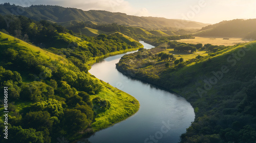 A tranquil river winding through a lush valley, demonstrating the essential role of water circulation in sustaining biodiversity. Dynamic and dramatic composition, with copy space