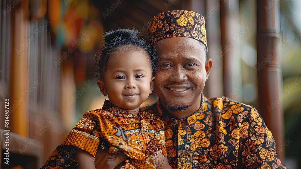 A father and child dressed in matching outfits, posing for a picture A father and child dressed in matching outfits, posing for a picture