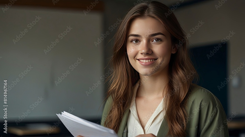 Confident 25-Year-Old Film Producer with Papers in Hand, Blushing Smile. Confident 25-Year-Old Film Producer with Papers in Hand, Blushing Smile.