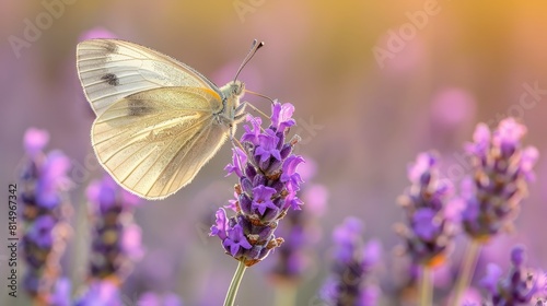  A white butterfly atop a purple flower amidst a field of purple and yellow blooms on a sunlit day