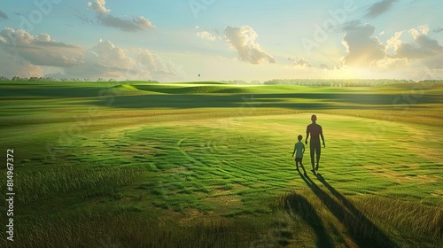two shadows representing father and son, walking together on a lush golf course.