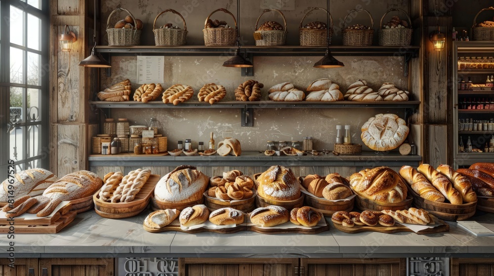 Traditional bakery with a variety of freshly baked breads and pastries on display, evoking warmth and comfort