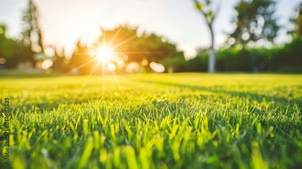 A lush field of green grass dotted with trees Sun shines through their branches in the background A lush field of green grass dotted with trees Sun shines through their branches in the background