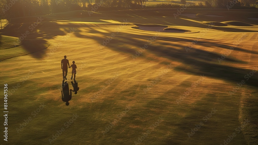 Golf Lessonn Shadow two shadows representing father and son, walking together on a lush ...