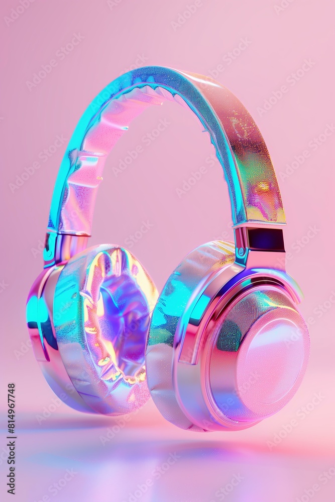 3d render style headphones covered in glitter pastel holographic colors, front view