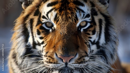  A tight shot of a tiger s face  background softly blurred with snowy ground