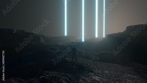 Businessman standing in rock mountain valley with shine neon light tube. Abstract 3D rendering landscape photo