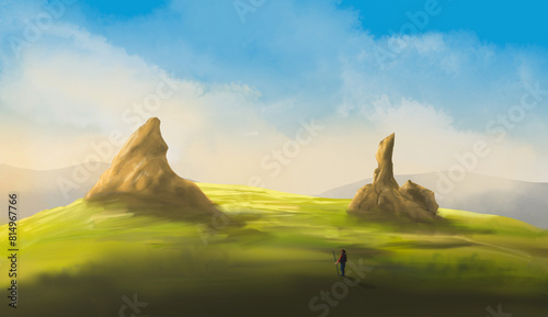 Man, tourist standing on meadow hill with stone rock mountain and blue sky. Digital hand painting