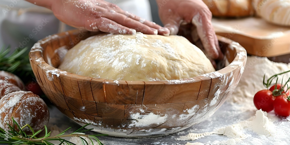 Fototapeta premium Close-up of baker's hands kneading dough in a wooden bowl with flour. Concept Baker, Kneading dough, Hands, Wooden bowl, Flour