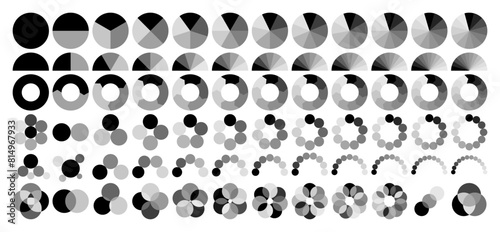Flat circular graphs. Pie chart infographic, gauge diagram, segmented and overlapping circles charts for representing percentages, proportions and steps in reports, dashboards and presentations