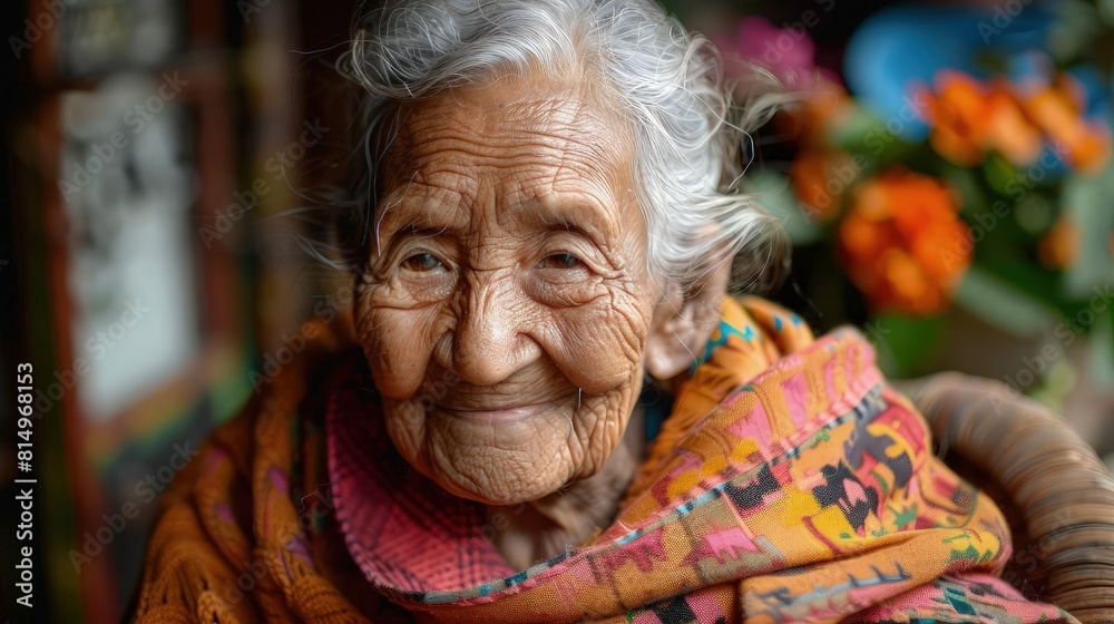 An elderly person smiling warmly, showing wisdom and joy