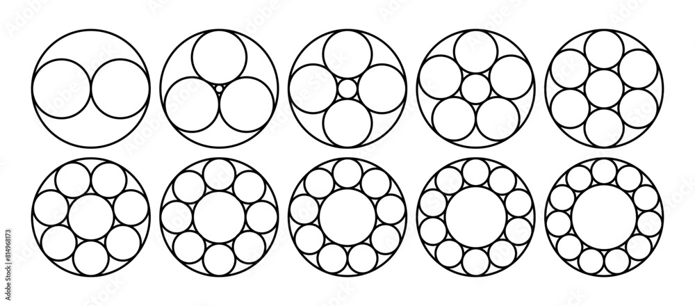 Circle packing in a circle. Tangent connected circles, geometric arrangement vector set with editable stroke paths Circle packing in a circle. Tangent connected circles, geometric arrangement vector set with editable stroke paths