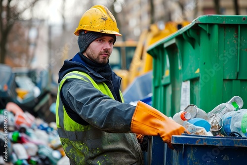 Focused waste management worker sorts materials in a recycling bin outdoors