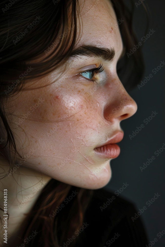 Woman with acne scars on skin against black background Woman with acne scars on skin against black background