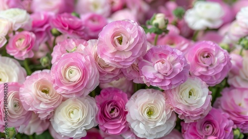  A close-up of pink and white flowers with green stems The center of the image features the blooms  with their centers prominently displayed