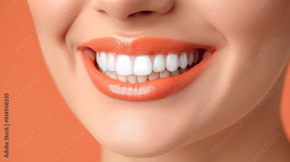 A tight shot of a woman's face, highlighting her bright white teeth and distinct orange lipstick on her pursed lips A tight shot of a woman's face, highlighting her bright white teeth and distinct orange lipstick on her pursed lips