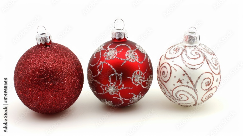 Christmas Ornament White. Red Balls Closeup, Christmas Decorative Ornaments Isolated Over White