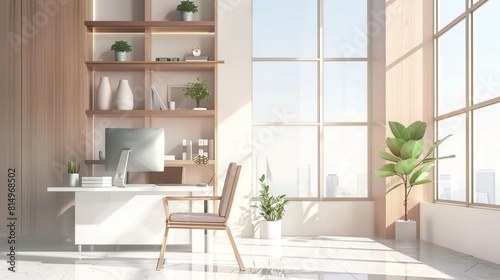 A home office with a large window, a desk, a chair, a throw rug, a bookshelf, and several plants.

