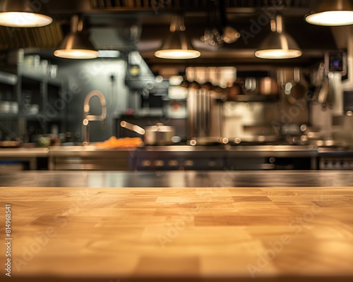 Commercial Kitchen Background. Blurred Kitchen Atmosphere with Table Top Counter
