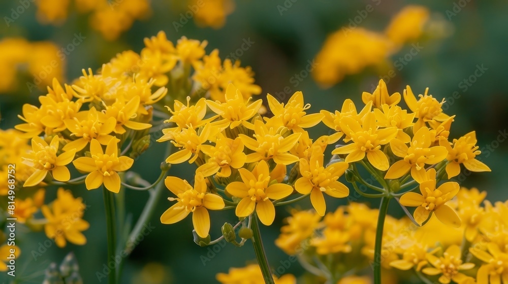 yellow blooms at the front, green foliage behind yellow blooms at the front, green foliage behind