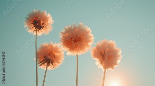  A field of lush green grass dotted with a group of pink flowers  sun shining in the background