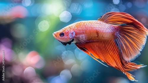  A Siamese fish in focus, positioned near the foreground of a tank, with softly blurred lights in the background creating a shallow depth of field