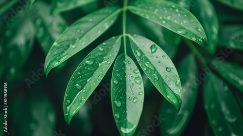 A close-up of a green leaf dotted with water drops..Or ..Up close  a single green leaf speckled with water drops
