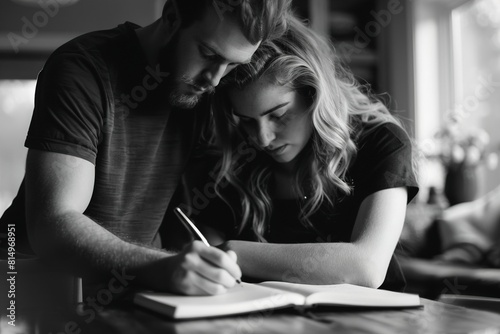 Woman leaning on man writing in notebook at home