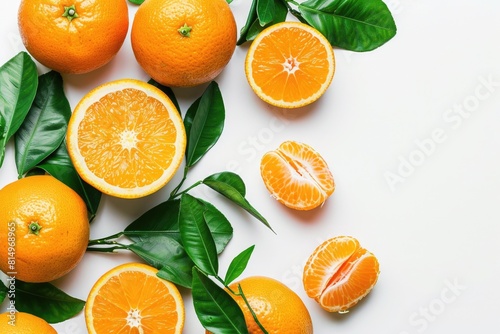 Oranges On White. Fresh Ripe Organic Citrus Fruits with Leaves Top View Flat Lay