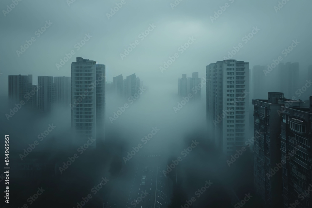 A lone figure walks through a foggy cityscape in the early morning.