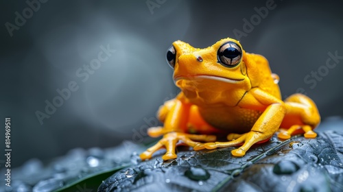  A yellow frog perched atop a wet leaf, with water droplets clinging to its back legs and reflecting in its round eyes