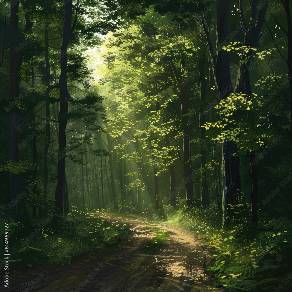 Obraz premium Tree In Forest. Sunlight Illuminating Dark Forest Road in Magical Green Woods
