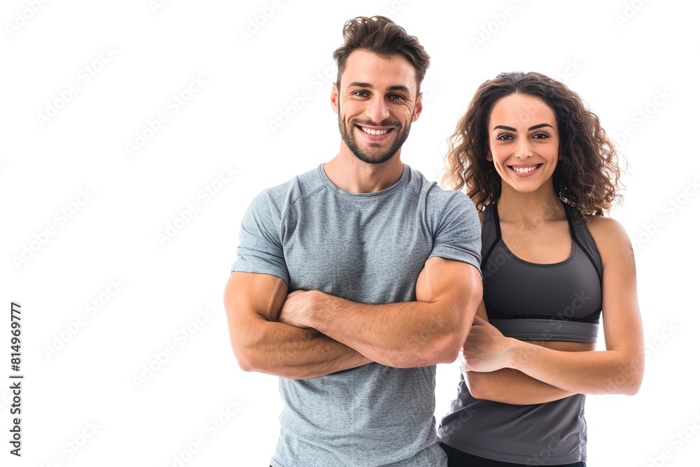 Young smiling man and woman in athletic wear standing Young smiling man and woman in athletic wear standing