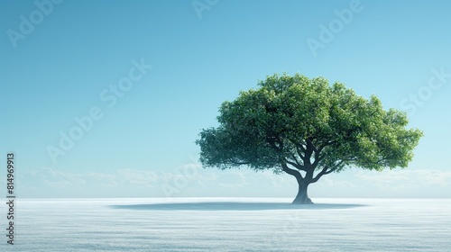 A lone tree stands tall in the middle of a vast plain surrounded by endless grass. It stands alone in the open landscape. Design for banner  flyer  poster  postcard with copy space.