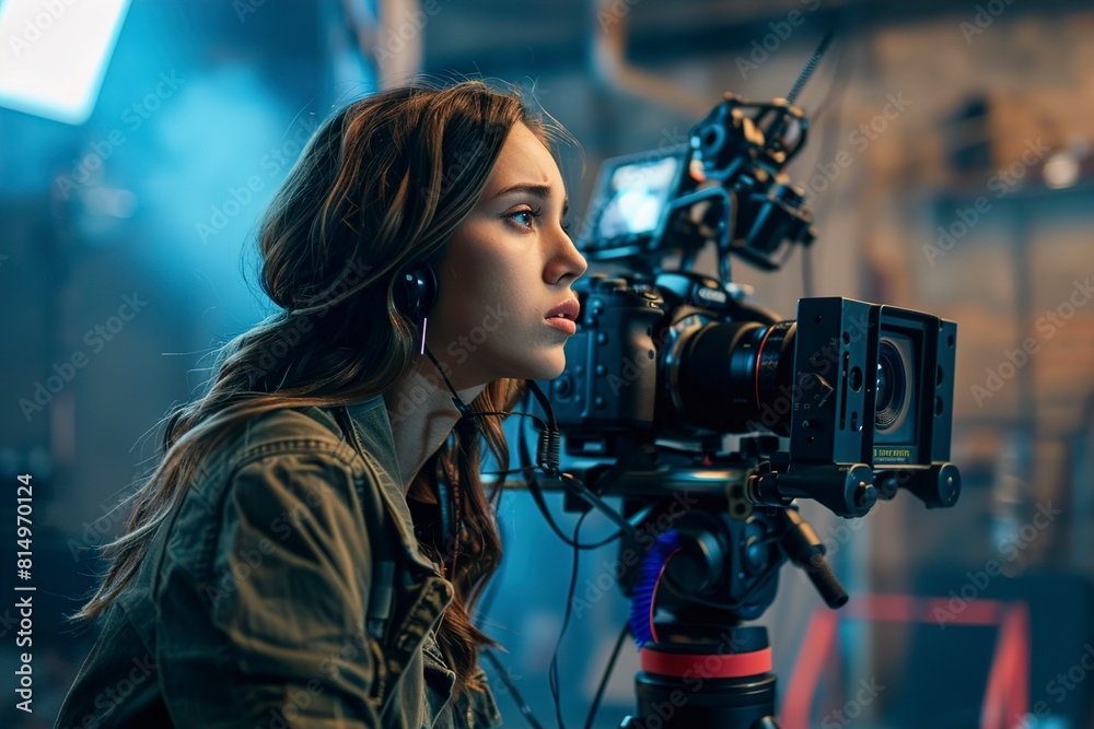 Young woman with camera in film production setting