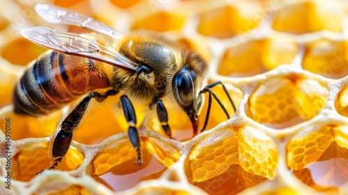  A tight shot of a bee on a honeycomb, surrounded by honeybees in the foreground and background © Jevjenijs