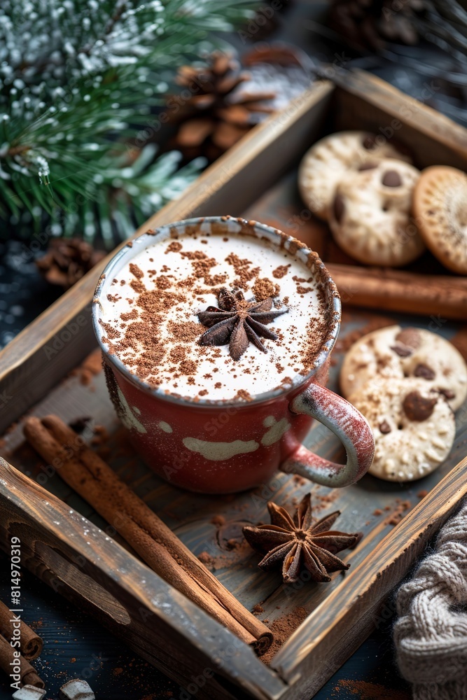 A cup of hot chocolate and cookies on wooden tray for wooden A cup of hot chocolate and cookies on wooden tray for wooden