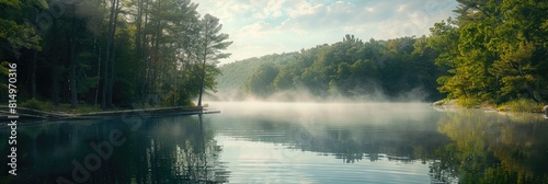 Panorama of Tranquil Morning Lake in Forest Landscape