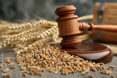 Wooden gavel and wheat ears on grains closeup