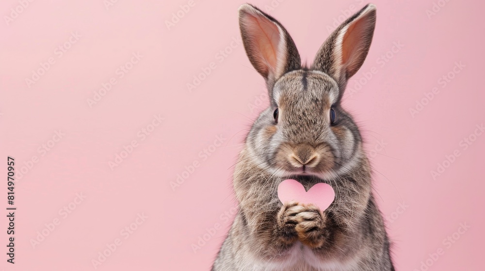 A Delightful Rabbit Holding a Small Pink Heart, Gazing Curiously on a Smooth Pink Background. Funny animal for banner, flyer, poster, card with copy space. A Delightful Rabbit Holding a Small Pink Heart, Gazing Curiously on a Smooth Pink Background. Funny animal for banner, flyer, poster, card with copy space.