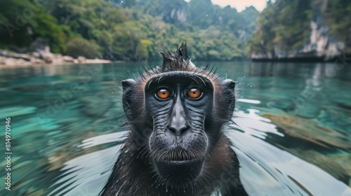  A tight shot of a monkey swimming in a water body In the distance, trees line the background Beyond them, mountains rise photo